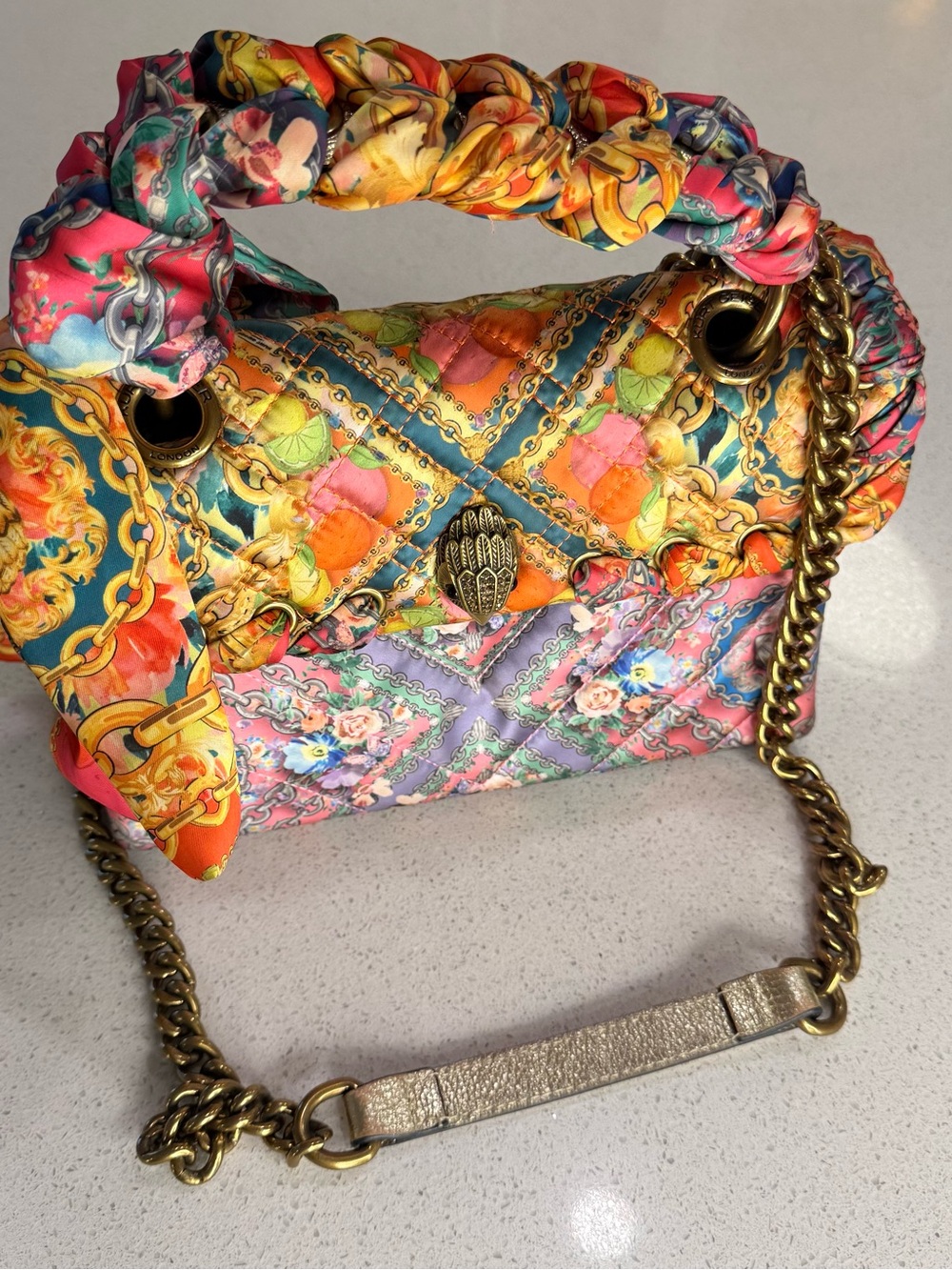 Kurt Geiger Multicolor Quilted Satin Shoulder Bag with Chain & Scarf Handle